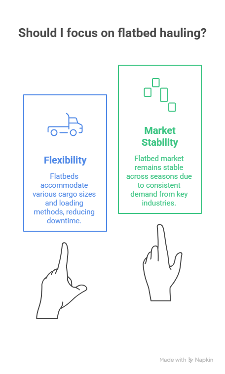 Infographic comparing flexibility and market stability benefits of flatbed hauling.