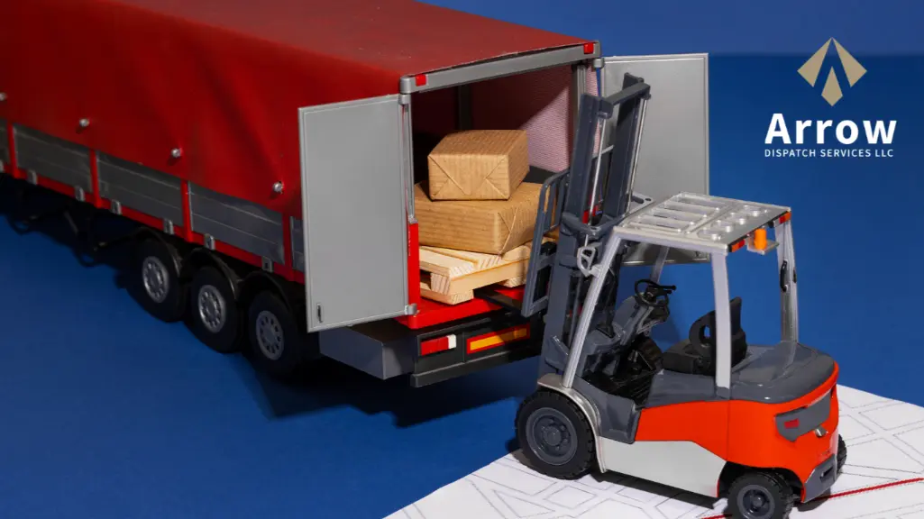 Forklift loading wooden boxes into a red freight truck trailer with Arrow Dispatch Services LLC logo in the background.