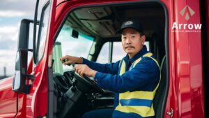 Professional truck driver wearing a blue uniform and yellow safety vest sitting in the driver’s seat of a red semi-truck, ready to drive, with Arrow Dispatch Services logo visible on the truck door.