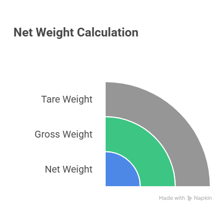 Net Weight Calculation of Tare Weight, Gross Weight and Net Weight.