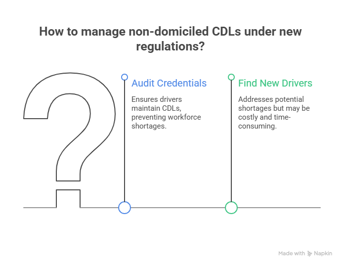 Infographic explaining how to manage non-domiciled CDLs under new regulations, highlighting two solutions: auditing credentials and finding new drivers.